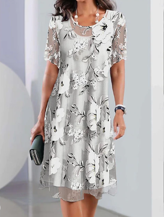 Women's Elegant Chiffon Dress Floral Mesh Print Crew Neck Midi Dress Daily Vacation Short Sleeve Summer Spring